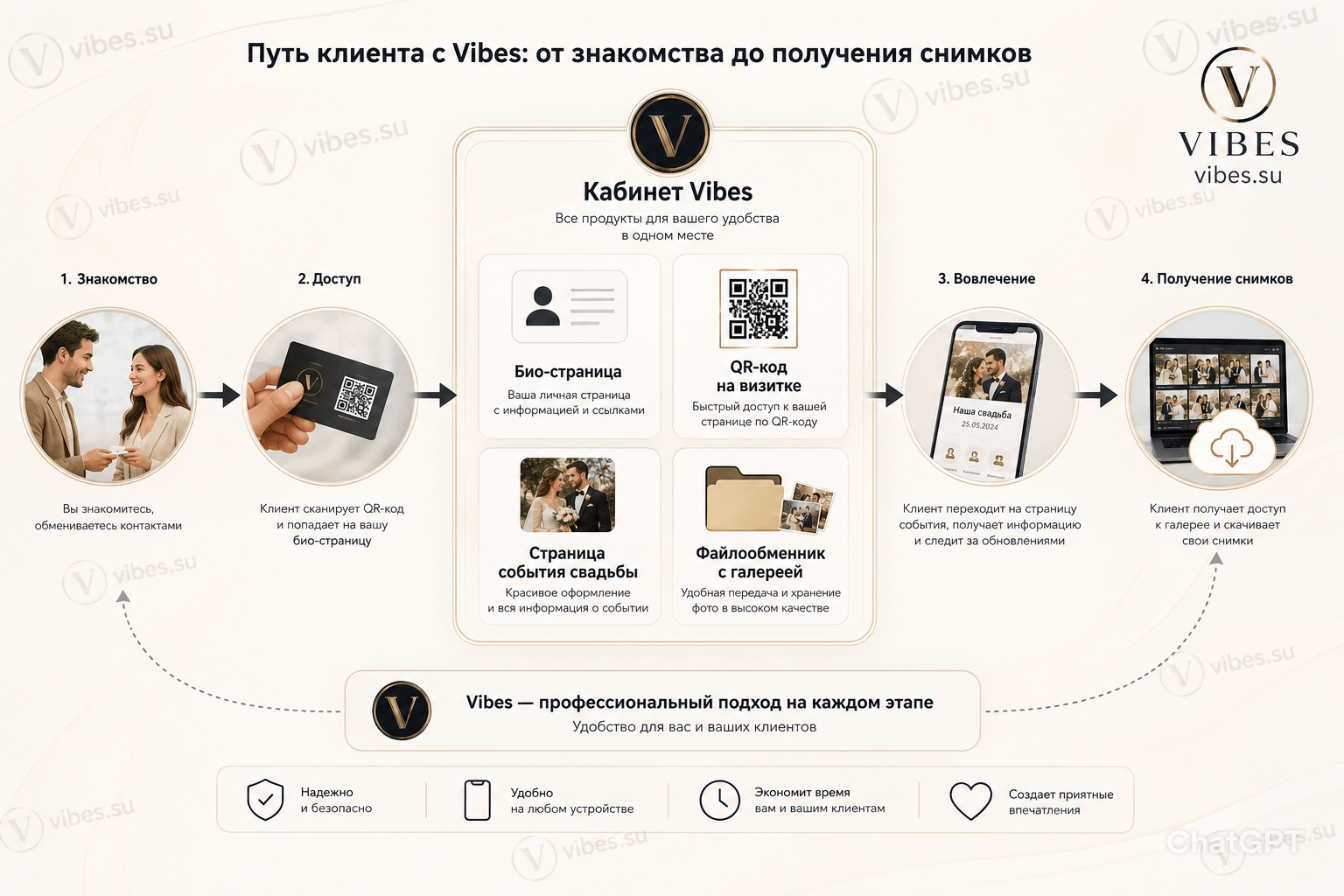 Иллюстрация: центральный хаб — кабинет Vibes с четырьмя иконками продуктов: био-страница, QR-код на визитке, страница события свадьбы, файлообменник с галереей. Стрелки показывают путь клиента от знакомства до получения снимков. На русском.