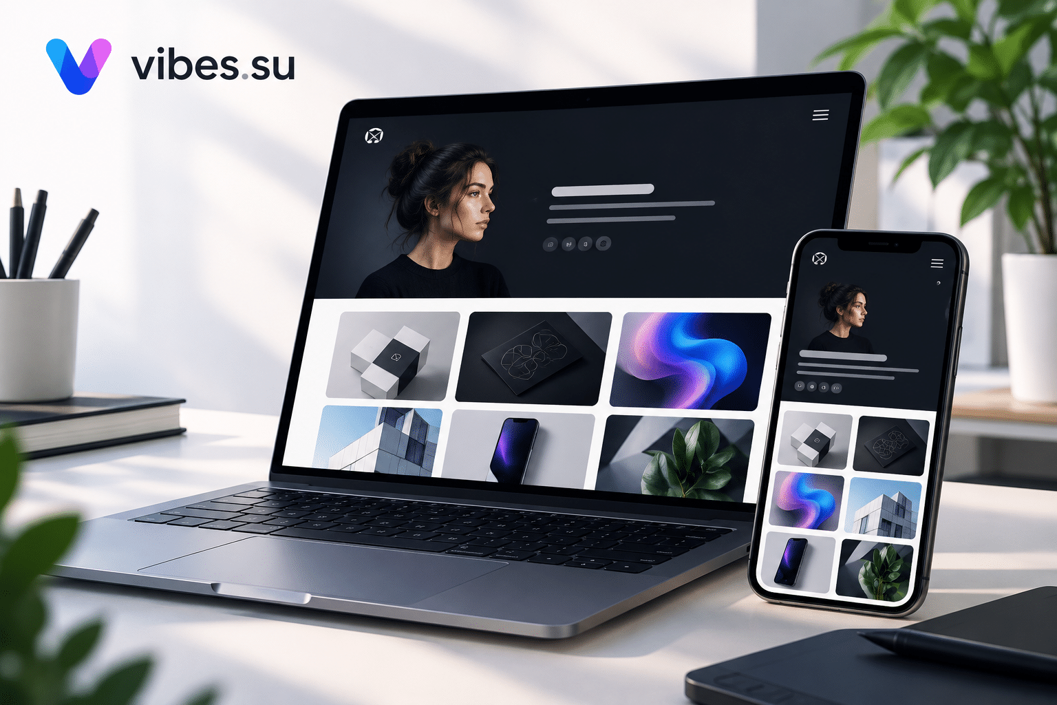 Ноутбук с портфолио дизайнера на статическом хостинге и смартфон с той же страницей