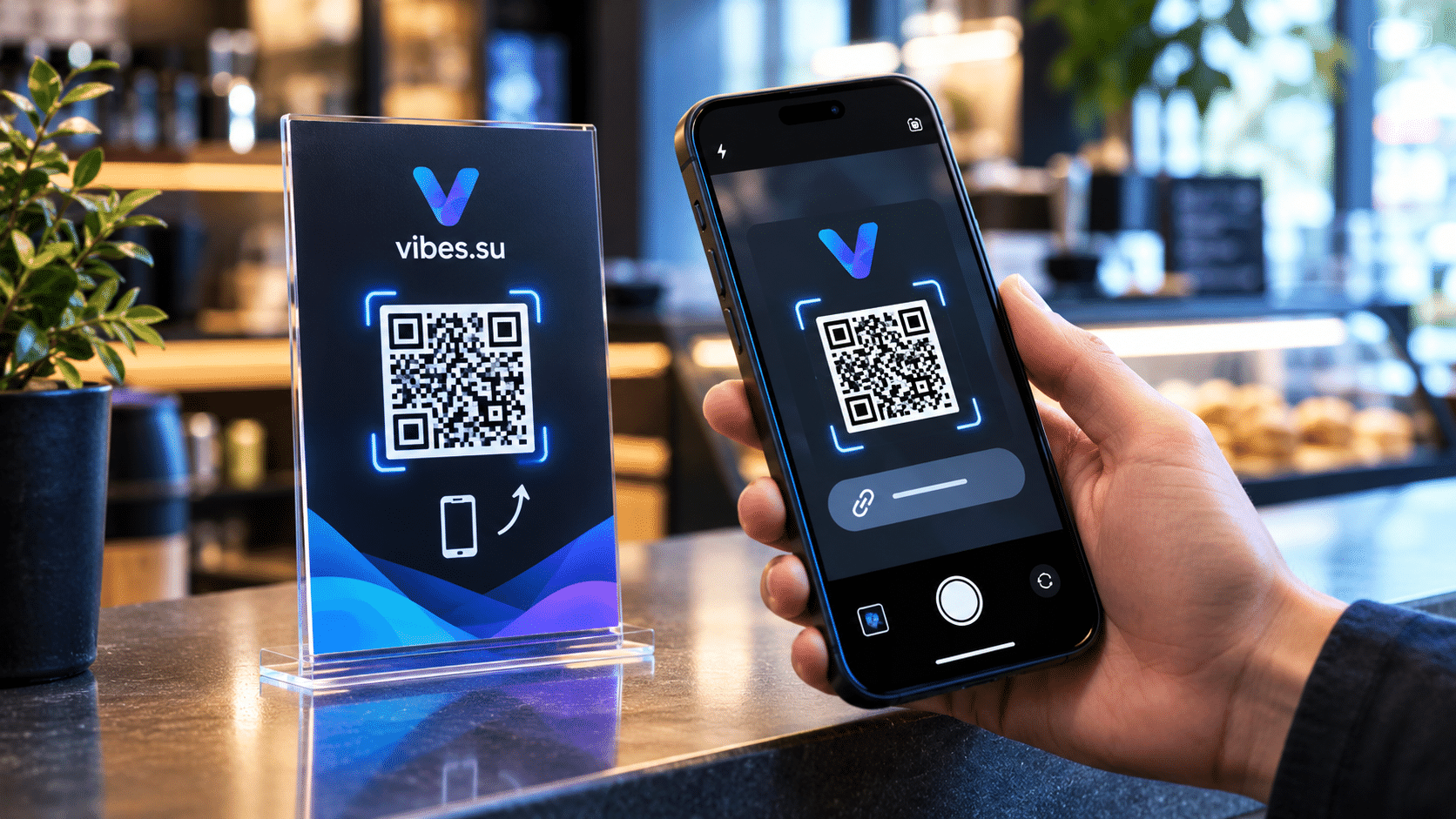 QR-код на стойке с указанием перейти на био-страницу, смартфон сканирует код