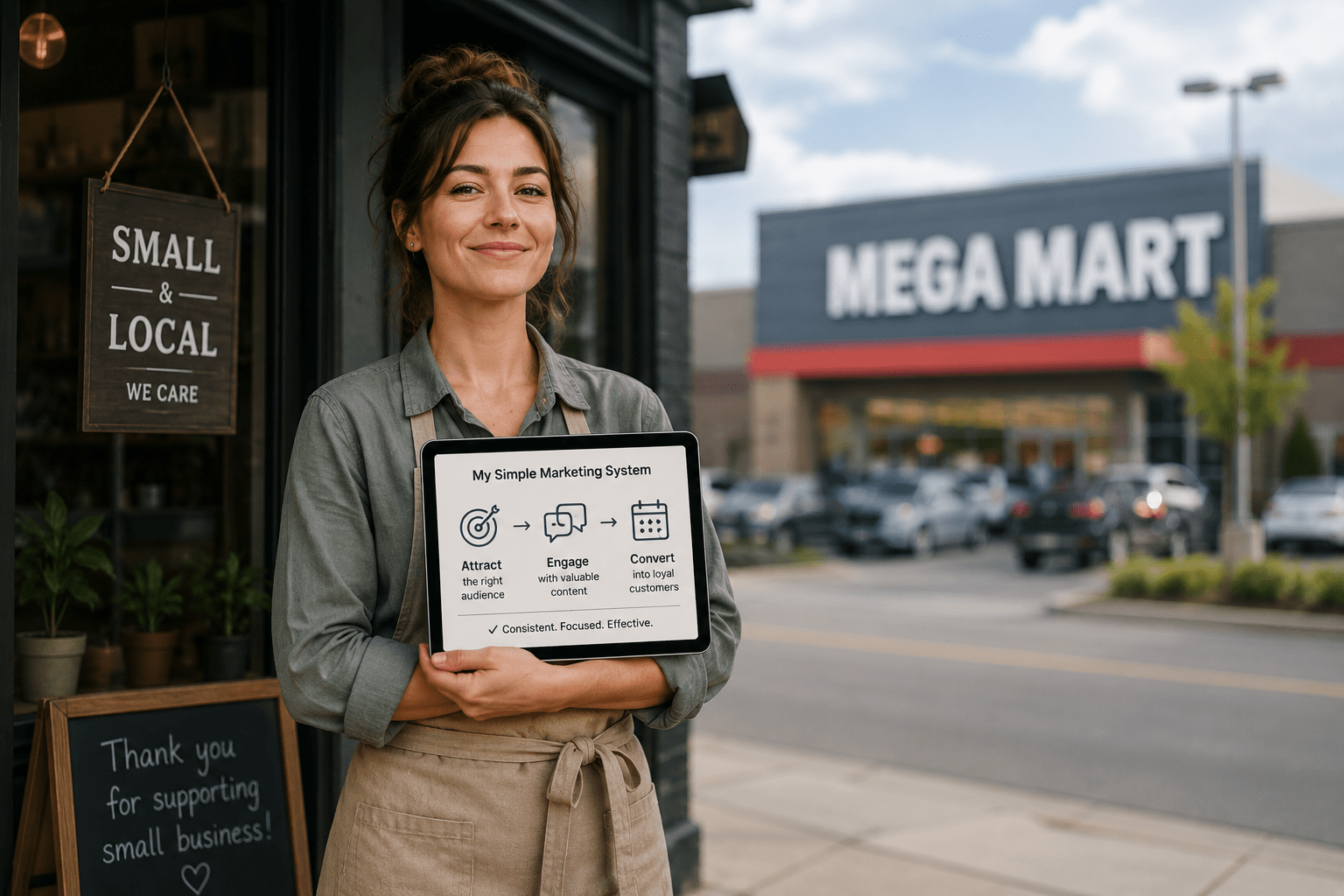 A small shop owner standing confidently in front of her store, holding a tablet that displays a simple but effective digital marketing setup. A large chain store looms in the background but is out of focus. In English.
