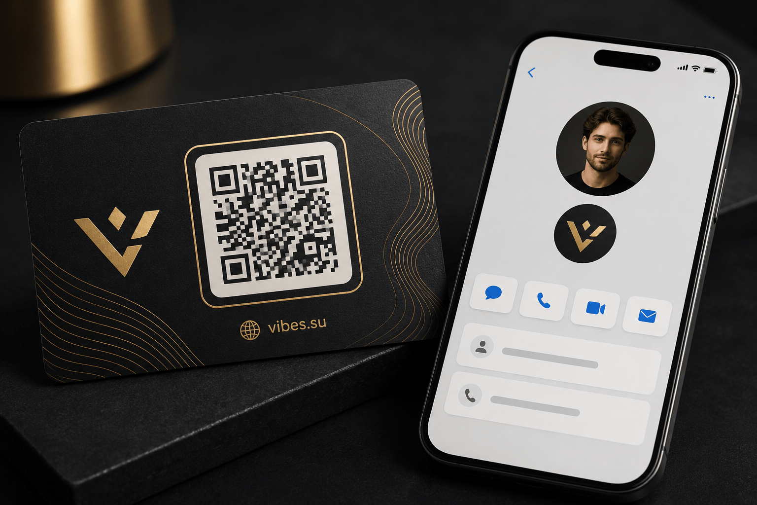 Визитная карточка с QR-кодом в центре, на экране смартфона рядом отображается сохранённый контакт с фотографией, именем и номером телефона