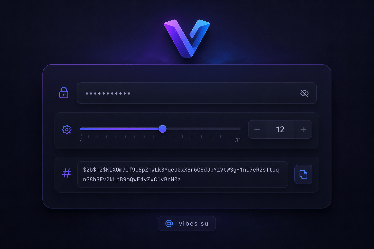 Окно генератора Bcrypt с полем ввода пароля, настройкой фактора сложности и полем вывода хеша с солью