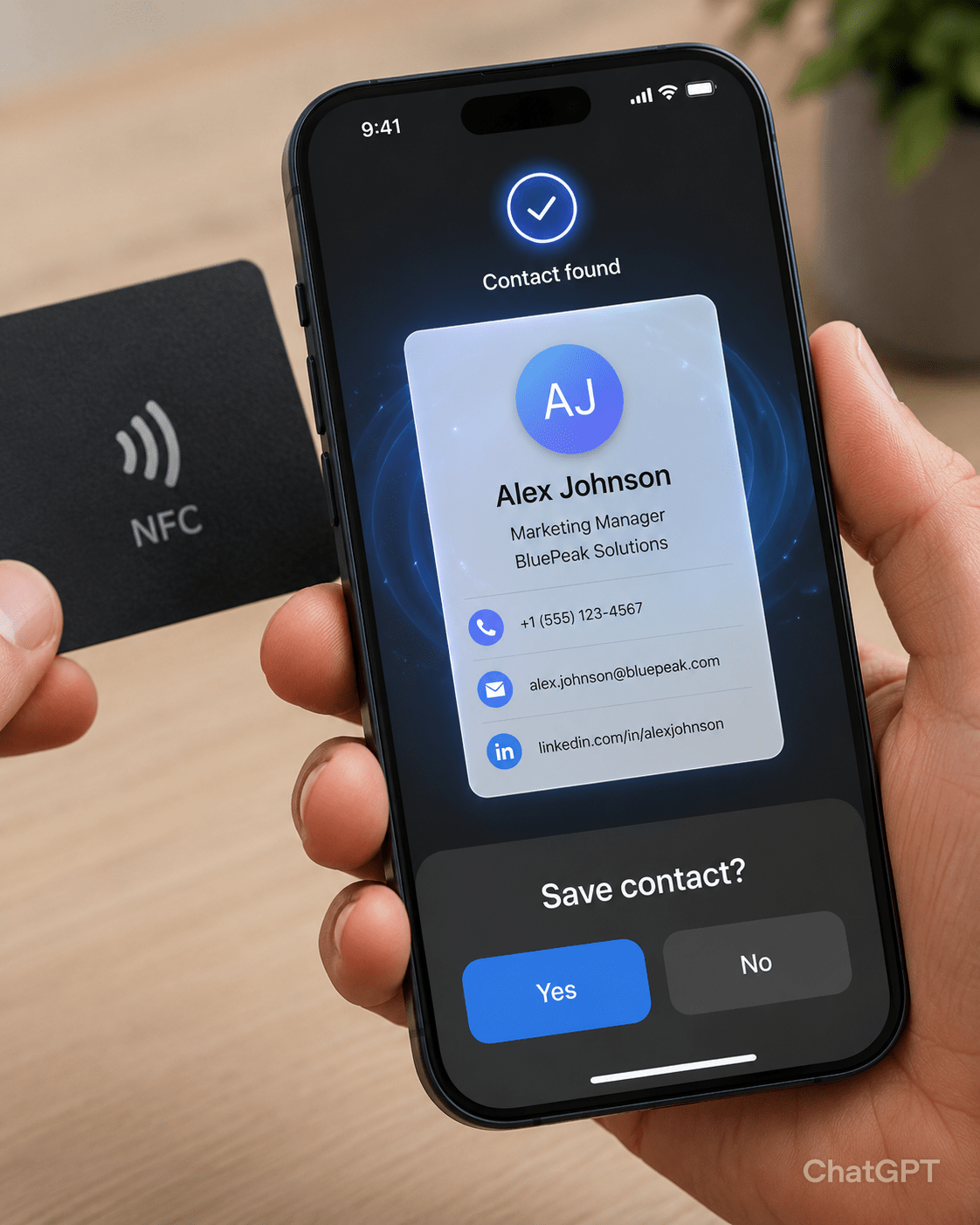Close-up of a hand holding a phone near an NFC card. On the phone screen: contact card appearing instantly with a subtle animation. Caption: Save contact? Yes / No. In English.