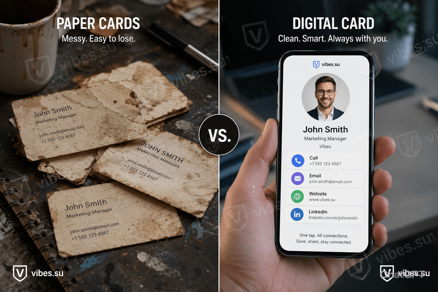 Split view: paper cards stained on messy desk vs phone showing clean digital card with photo, one-tap call, email, website, LinkedIn. In English.