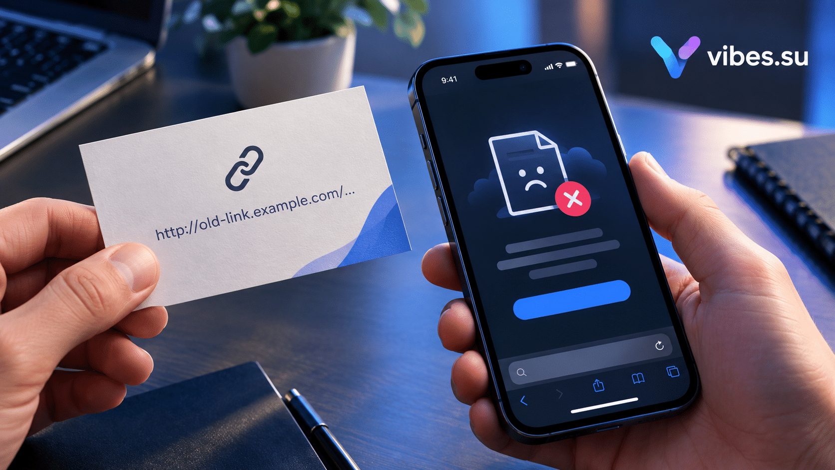 Визитка со старой ссылкой и смартфон с ошибкой при переходе по ней