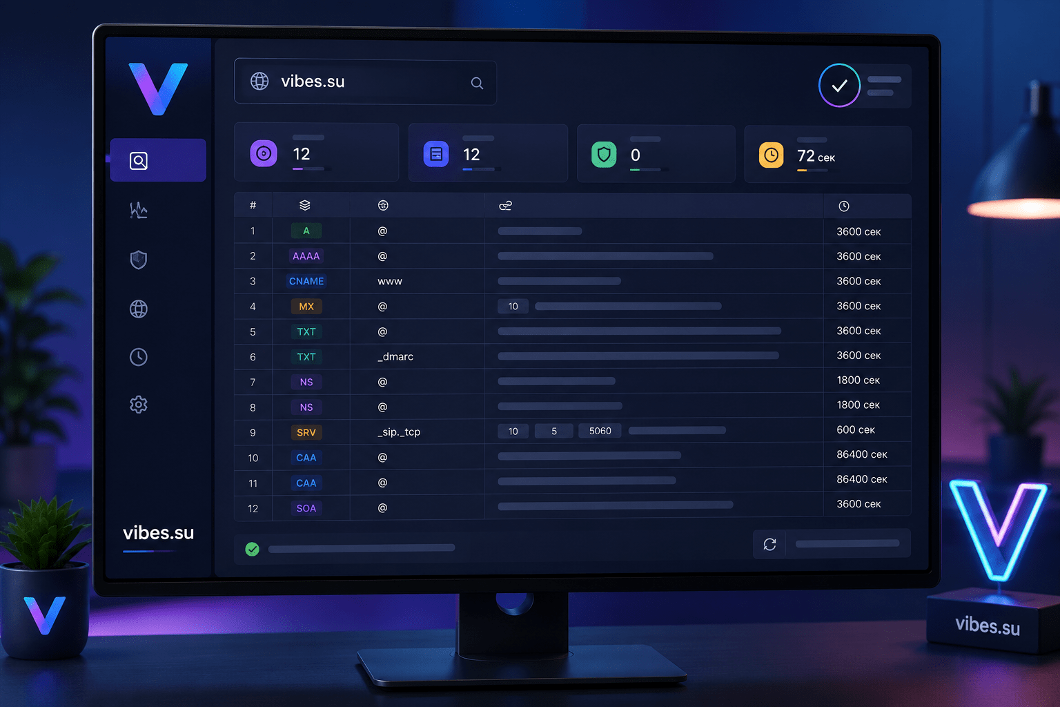 Окно инструмента проверки DNS с перечнем записей домена, их типами и значениями на экране монитора