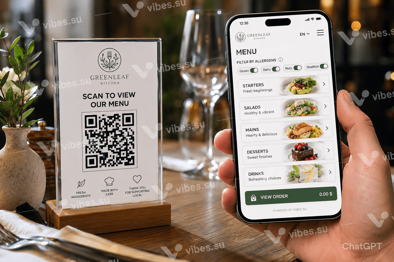 A restaurant table setting with a clean QR code stand. Phone screen shows the digital menu: categories with photos, allergen toggles, and an order button. No PDF, no app download. In English.