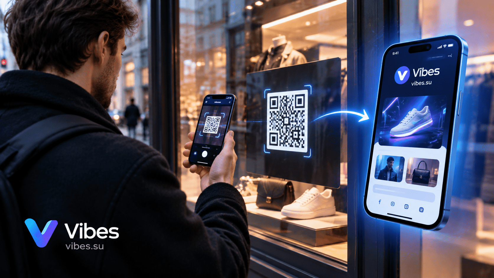 QR-код на витрине магазина: прохожий сканирует и переходит
