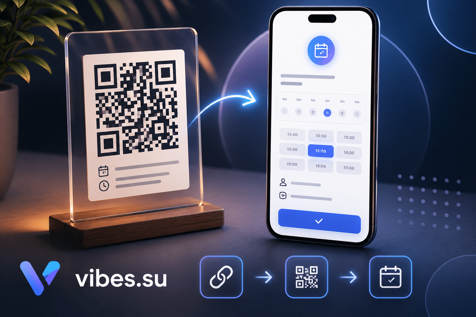 QR-код ведёт на страницу онлайн-записи: выбор времени и кнопка