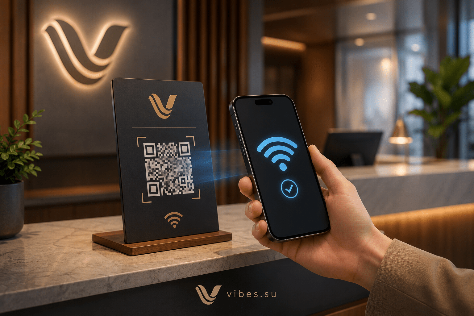 Смартфон сканирует QR-код на стойке ресепшн и автоматически подключается к гостевой сети Wi-Fi без ввода пароля