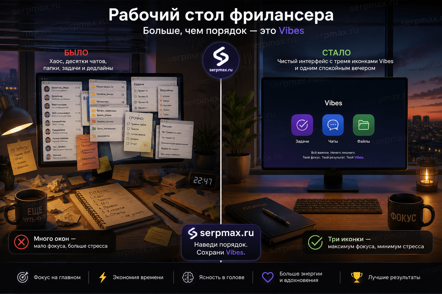 Рабочий стол фрилансера: слева хаос из открытых чатов и папок — было, справа чистый интерфейс с тремя иконками Vibes и одним спокойным вечером — стало. На русском.
