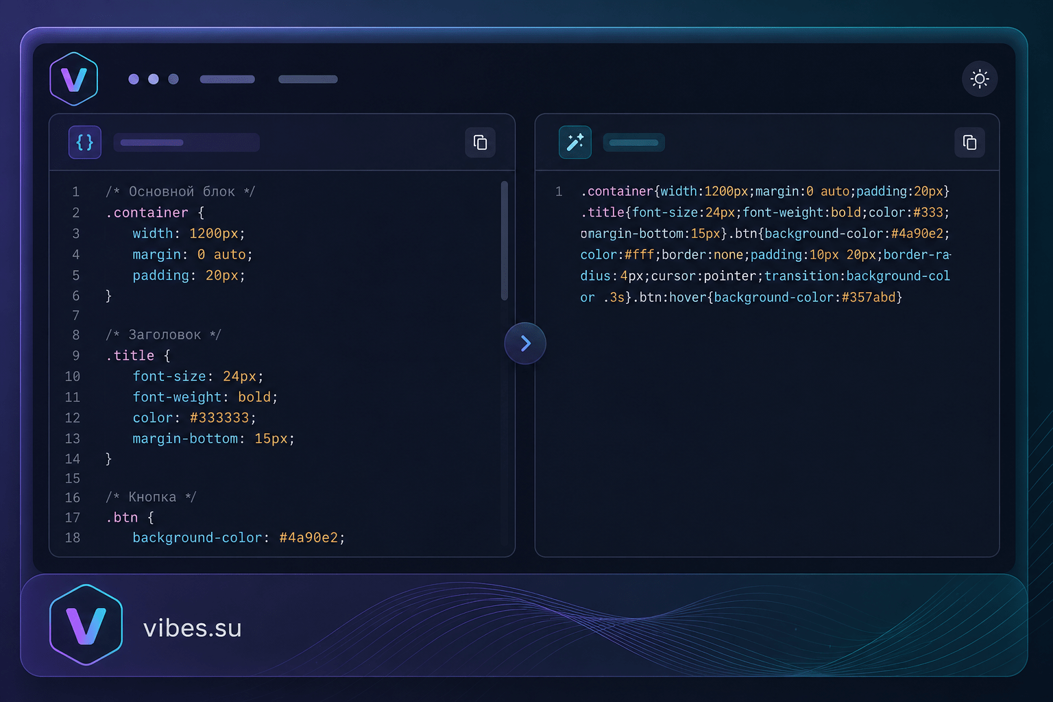 Окно минификатора CSS: слева структурированный код с комментариями, справа сжатый код без пробелов и переносов