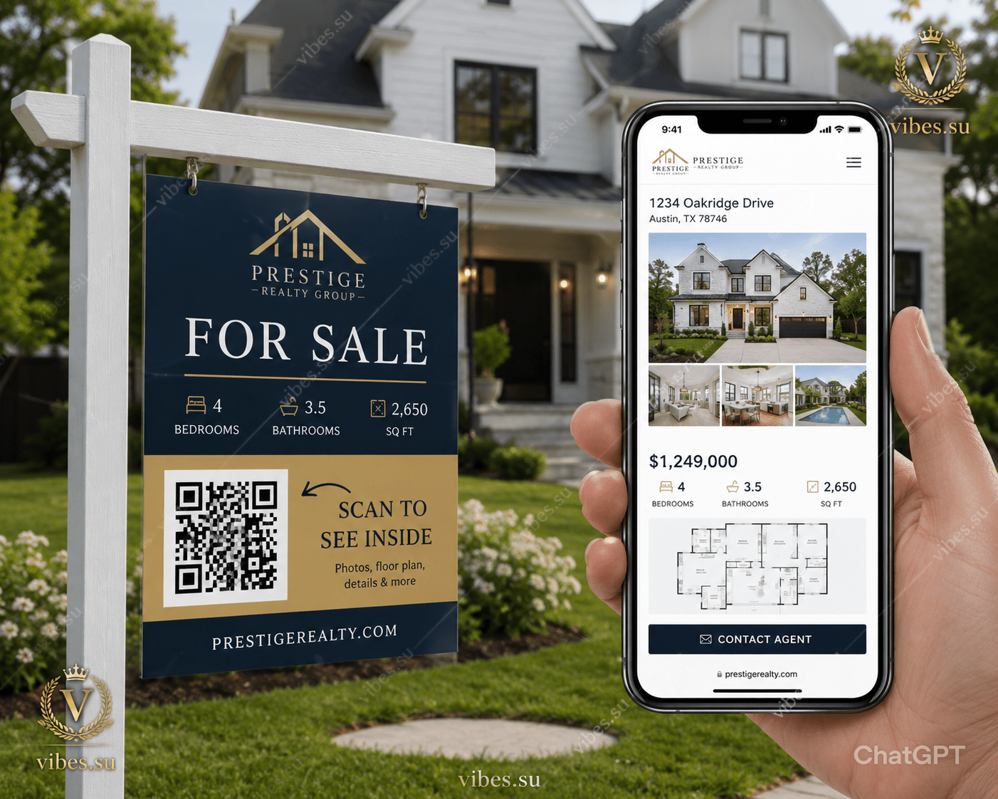 A real estate yard sign with a visible QR code and the text «Scan to see inside». Phone screen shows a landing page with property photos, floor plan, price, and a contact button. In English.