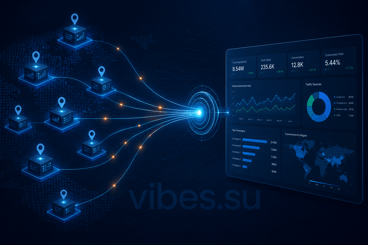 Abstract visualization of data nodes connecting precise UTM links to a centralized analytics dashboard
