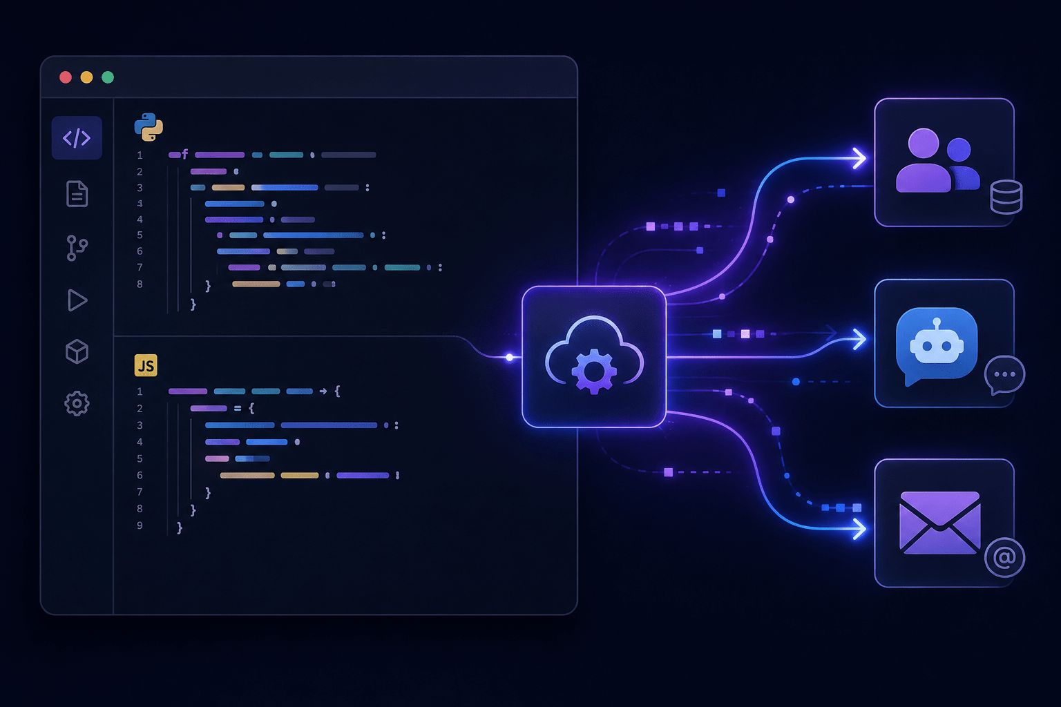 Фрагмент кода API запроса и схема автоматизации создания ссылок с иконками CRM, чат-ботов и рассылок