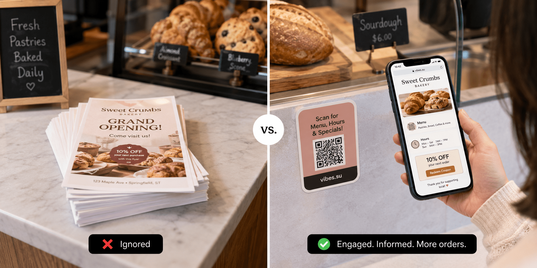 Split photo: on the left, a stack of printed flyers ignored on a counter. On the right, a customer scanning a QR sticker on the bakery counter and seeing a mobile landing page with menu, hours, and a coupon. In English.