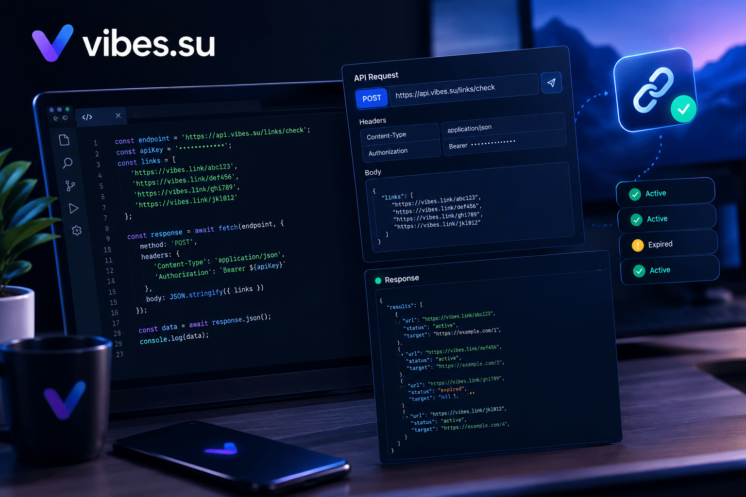 Редактор кода с запросом к API, проверяющим список коротких ссылок
