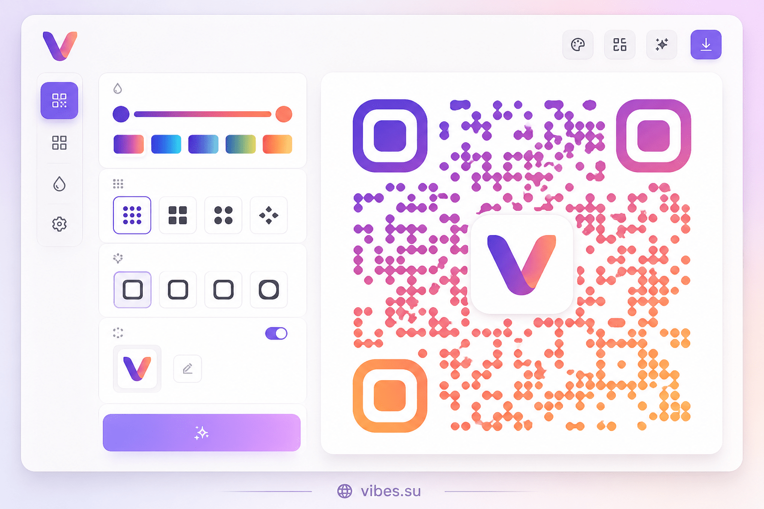 Интерфейс генератора QR-кодов Vibes с настройкой цветового градиента, формы элементов и вставкой логотипа в центр кода