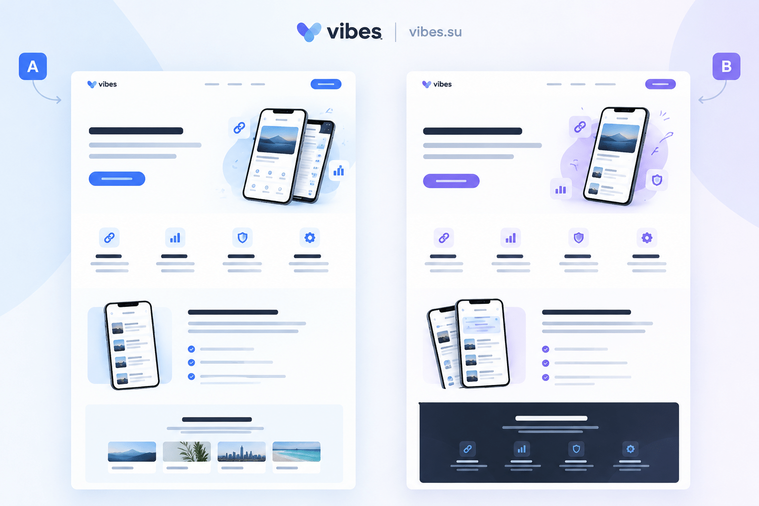 Two versions of a static landing page shown side by side for comparison