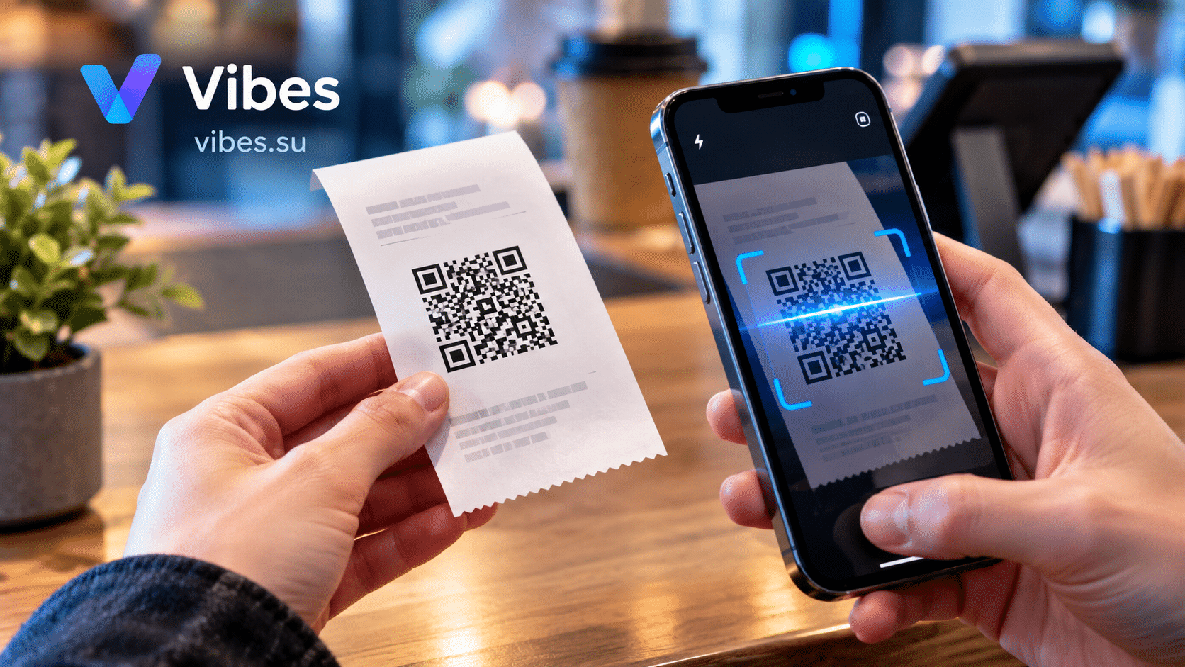 Чек с QR-кодом в руках покупателя, смартфон сканирует код