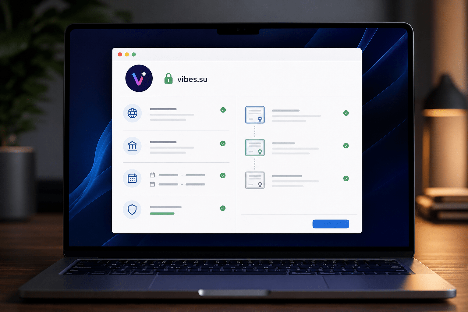 Окно проверки SSL сертификата с данными о домене, эмитенте, сроке действия и цепочке доверия на экране ноутбука