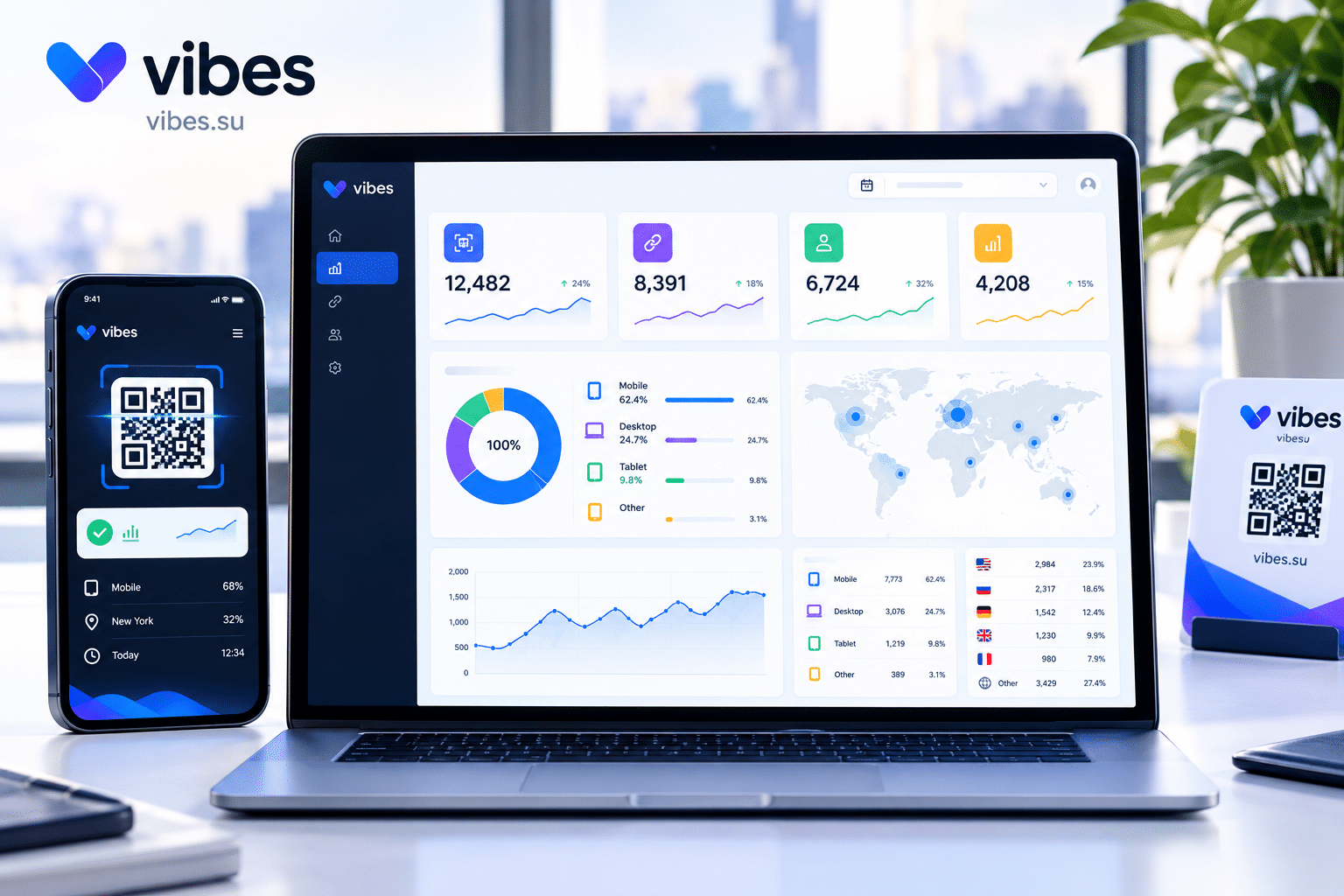 Analytics dashboard showing event QR scan data broken down by device and location