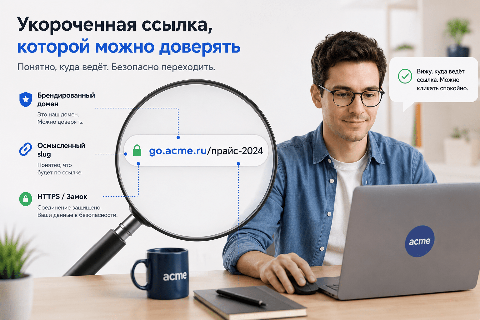 Укороченная ссылка под лупой: видны части — брендированный домен, осмысленный slug, иконка замка HTTPS. Рядом пользователь, который спокойно кликает. На русском.