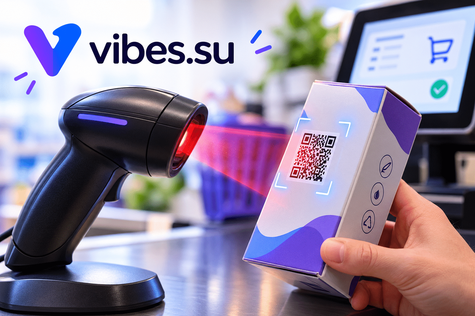 Кассовый сканер, пытающийся считать QR-код на упаковке
