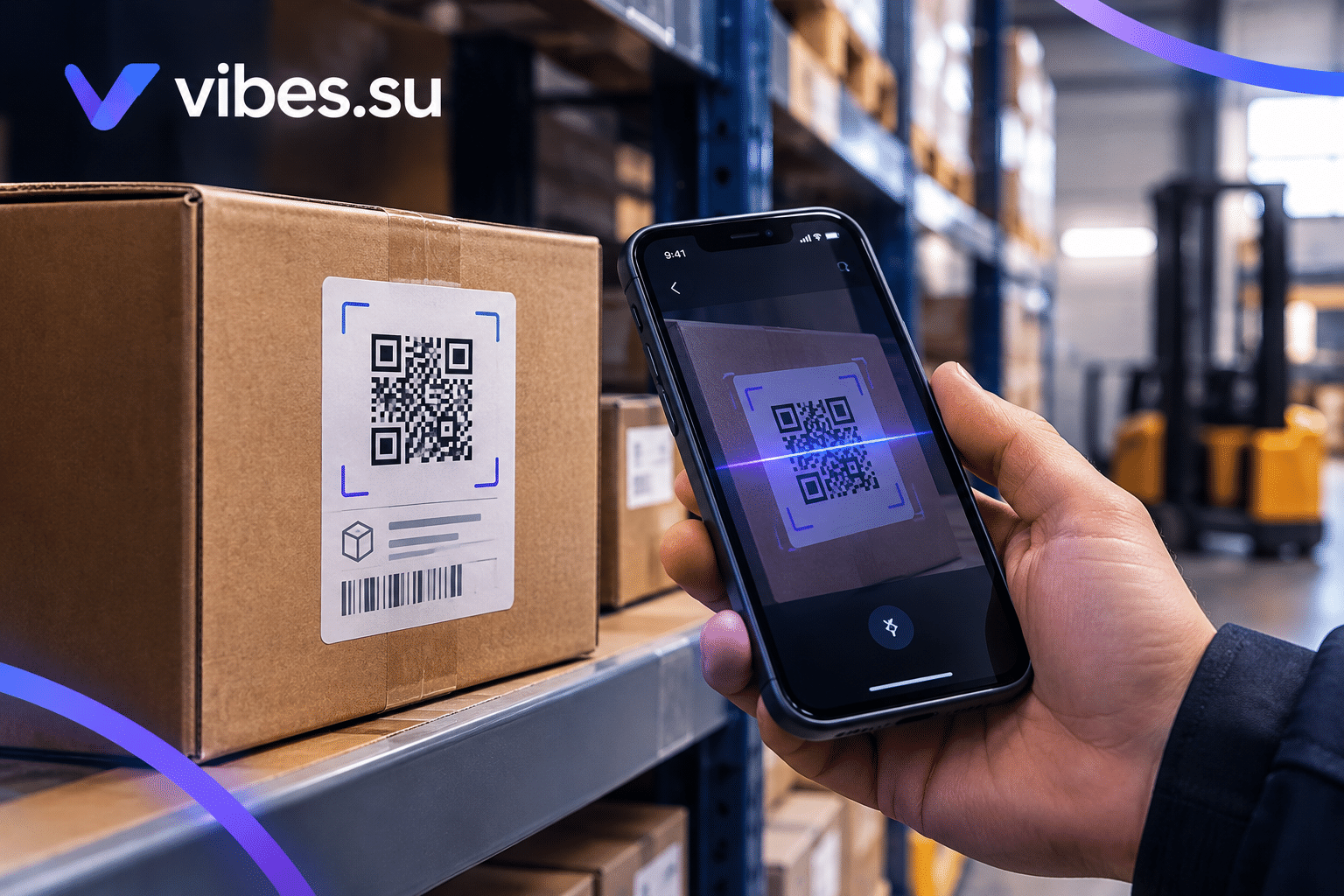 Box with a QR code on the label, smartphone scanning it in a warehouse setting