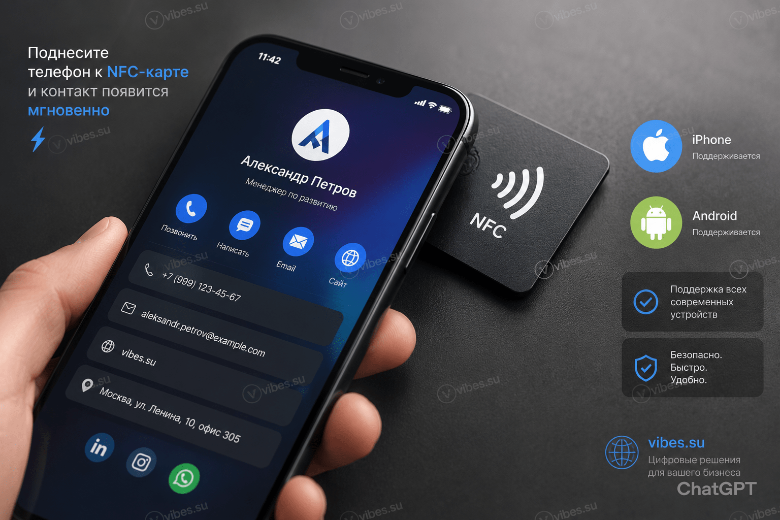 Крупный план: телефон касается NFC-карты. На экране телефона мгновенно появляется страница с контактом. Рядом иконки iPhone и Android — поддерживают оба. На русском.