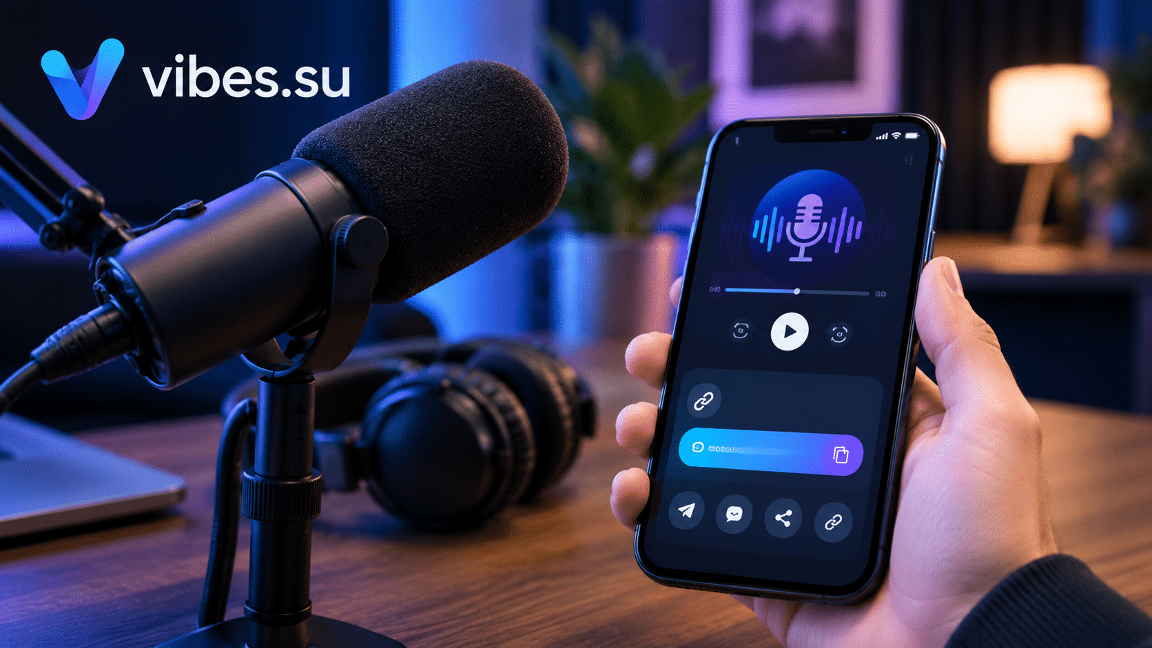 Microphone and smartphone showing a short link displayed for a podcast listener