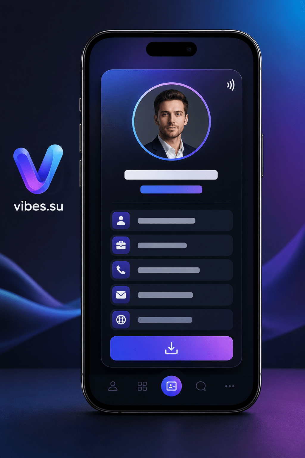 Смартфон, на экране которого открыта электронная vCard с фотографией, именем, должностью, телефоном и кнопкой сохранения контакта