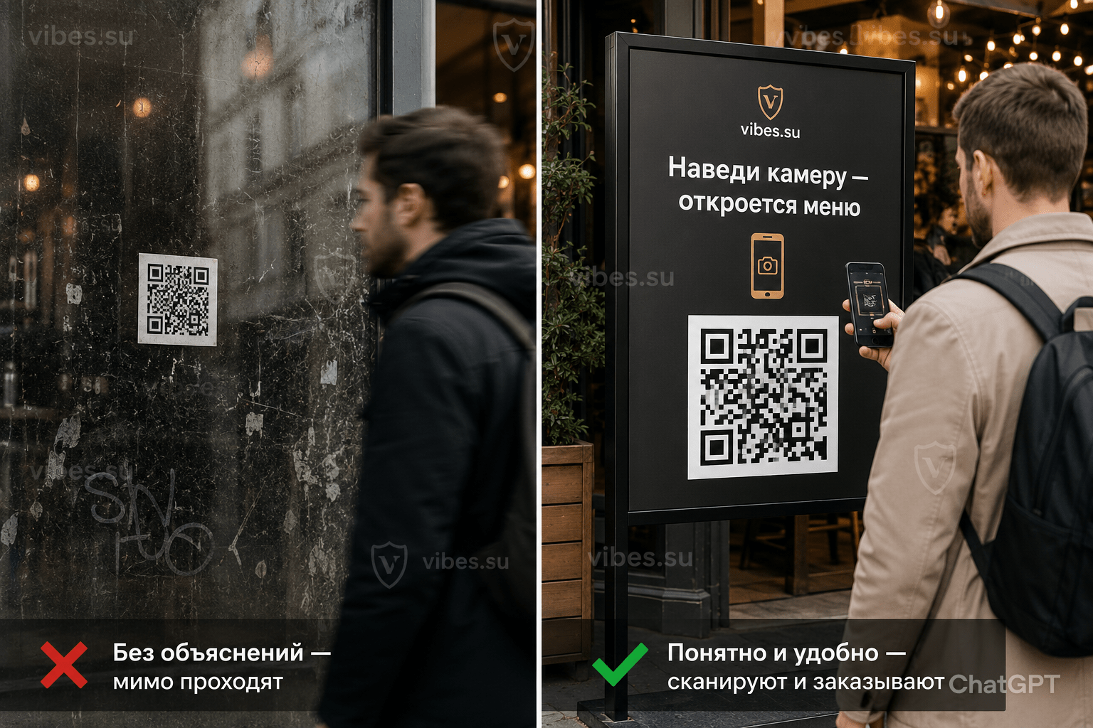 Уличная сцена: слева — наклейка QR-кода на грязном стекле без пояснений, мимо проходит человек. Справа — стильный стенд с крупным QR-кодом, надписью «Наведи камеру — откроется меню» и иконкой телефона. Человек сканирует. На русском.