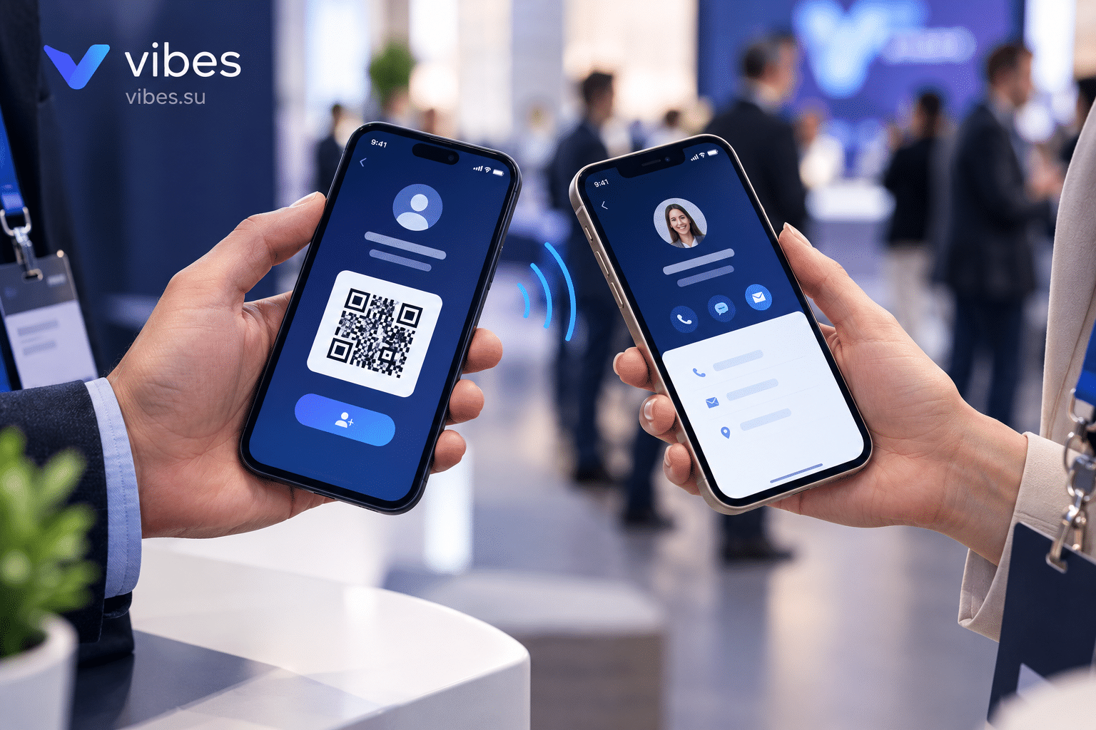 Два смартфона обмениваются контактами через QR-код на конференции
