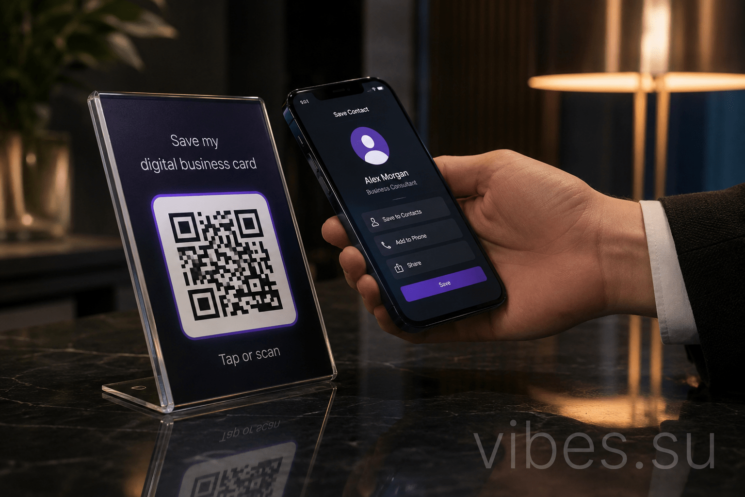 Professional tapping phone against a Vibes QR code saving a dynamic digital business card