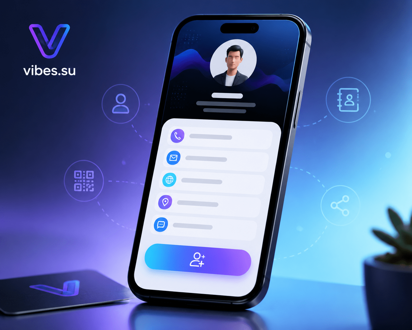 Электронная vCard-визитка на экране смартфона с кнопкой сохранения контакта