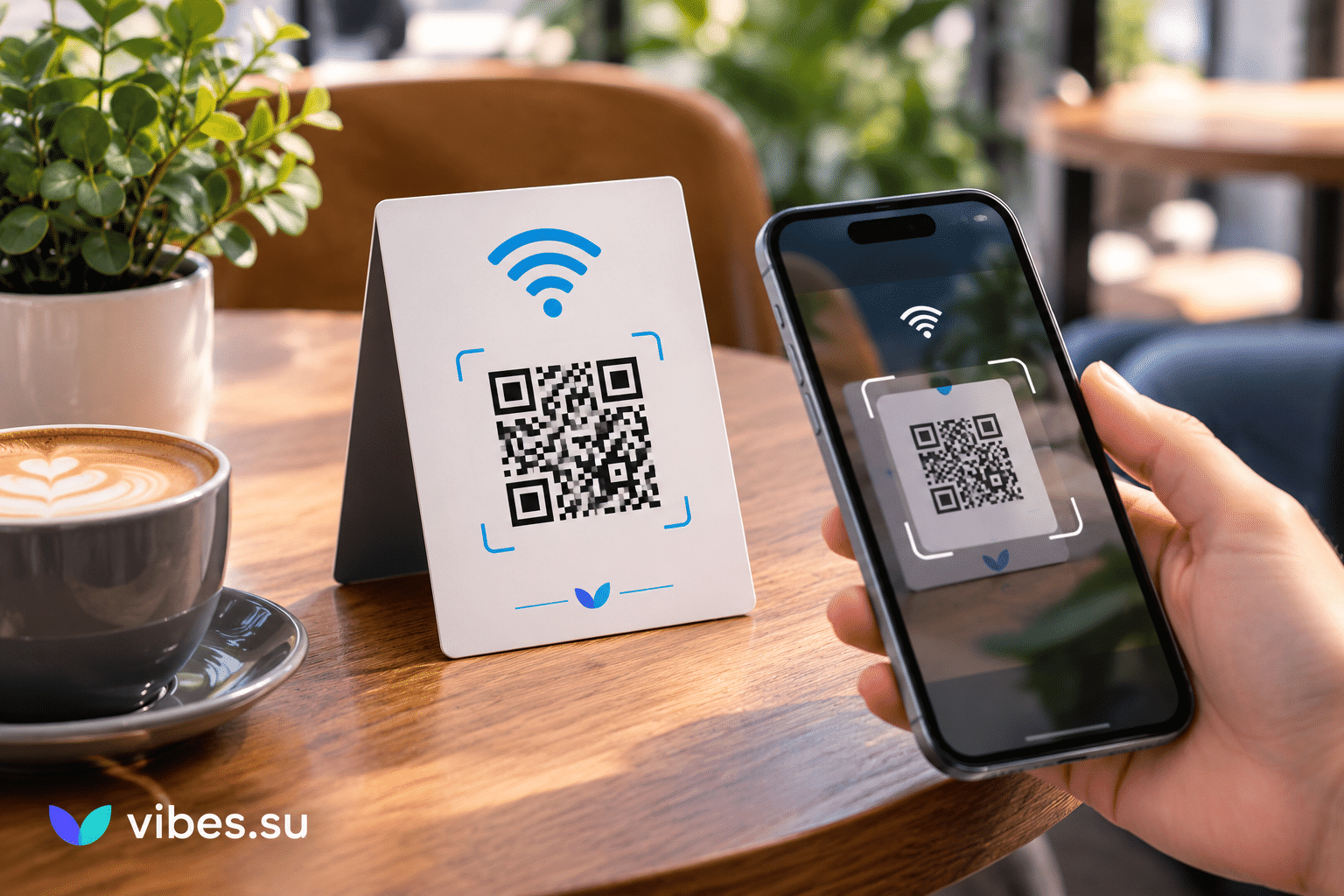 QR code on a cafe table allowing guests to connect to Wi-Fi with a phone