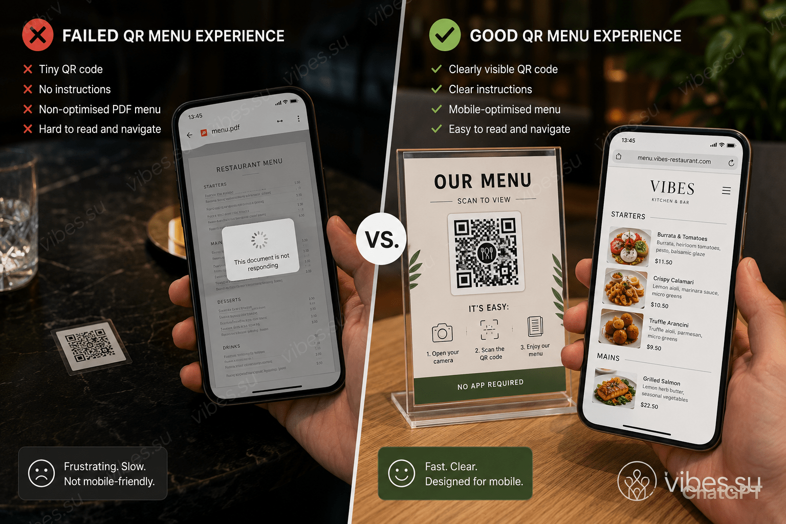 Illustration: split view of a failed QR menu experience — tiny code sticker on a dark table, phone showing non-responsive PDF — versus a well-designed QR stand with clear instructions and mobile-optimised menu page. In English.