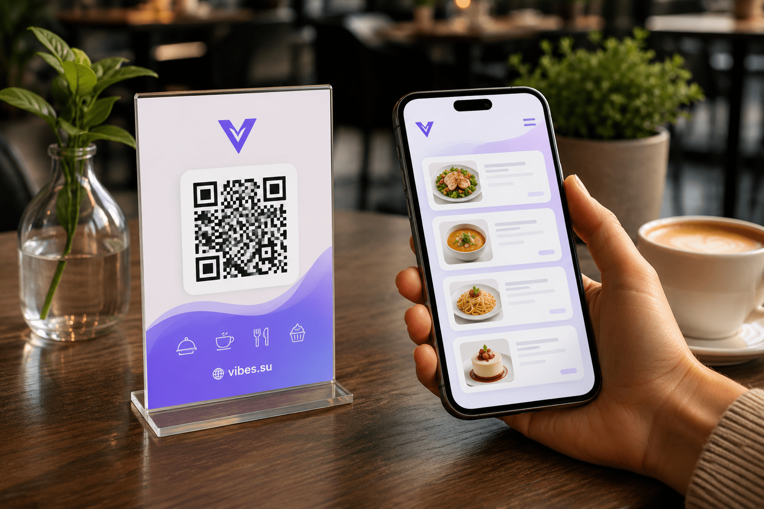Столик в кафе, на котором размещена табличка с QR-кодом для доступа к электронному меню, и смартфон с открытой страницей меню