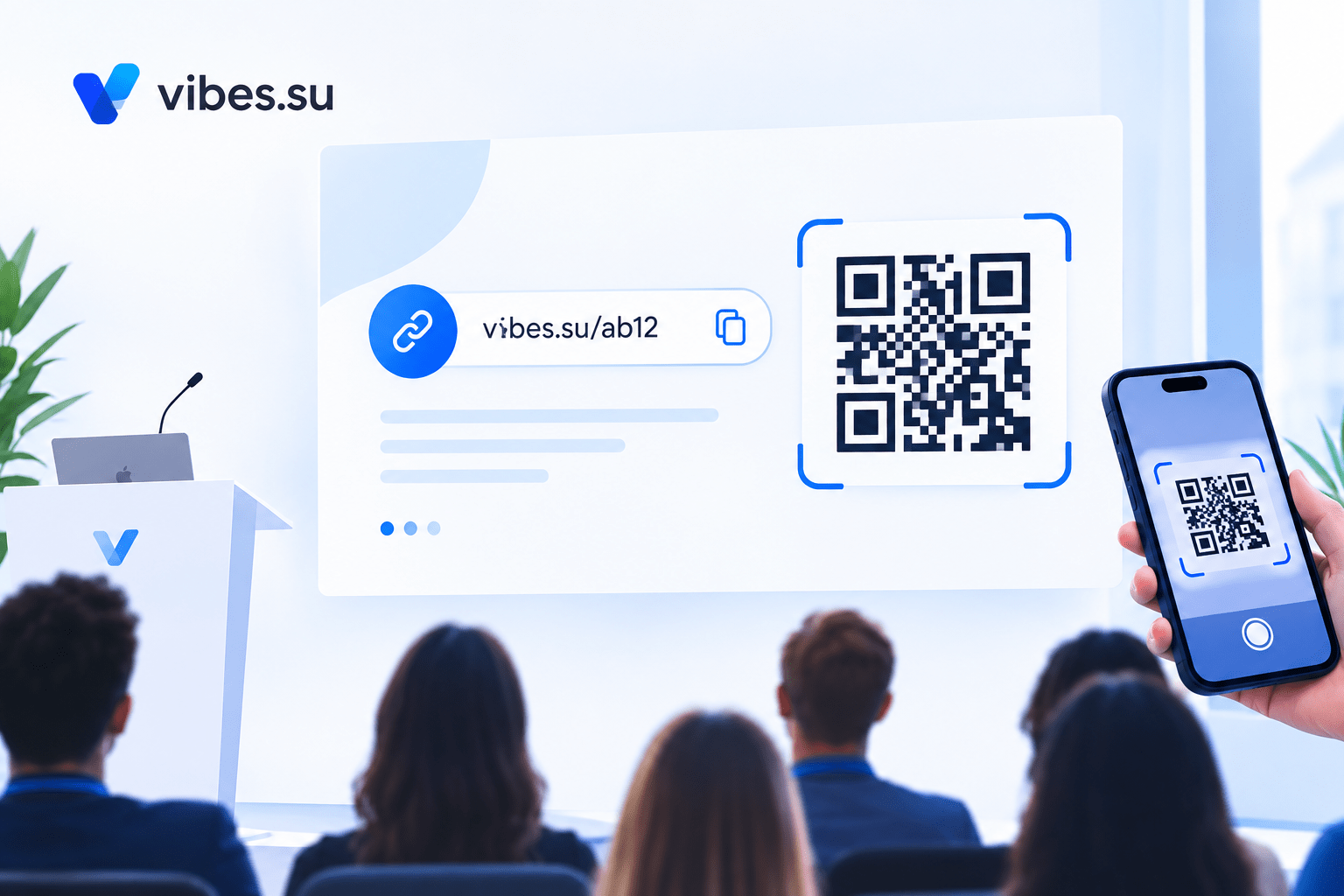 Короткая ссылка на конференции: слайд с URL и QR-кодом
