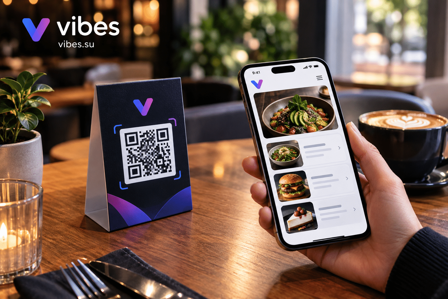 Столик в кафе с QR-кодом, открывающим меню на смартфоне