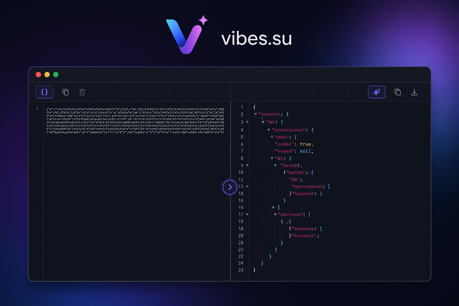 Окно инструмента с нечитаемым JSON в одну строку слева и отформатированным структурированным кодом с цветовой подсветкой справа