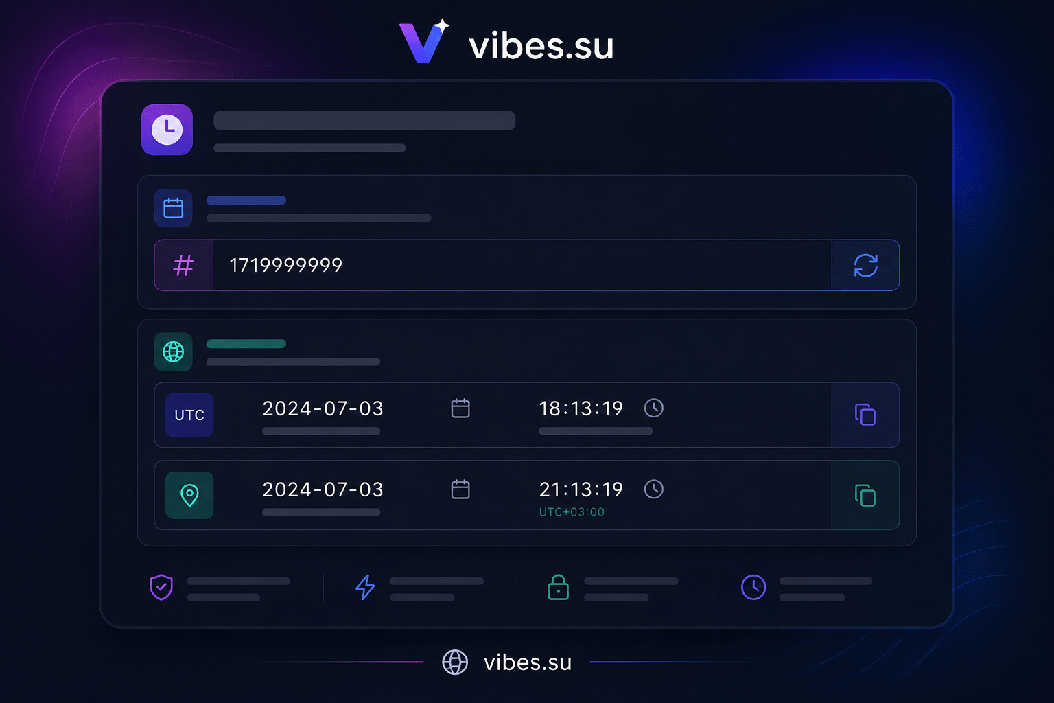 Окно конвертера с полем ввода Unix timestamp и выводом даты и времени в UTC и локальном часовом поясе