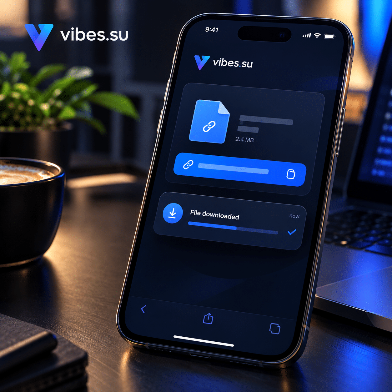 Смартфон с файловой ссылкой на счёт и уведомлением о скачивании
