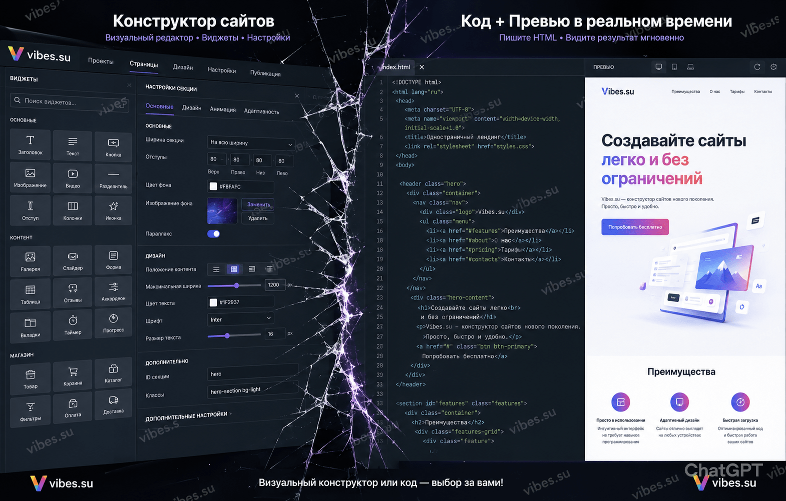 Расколотый экран: слева интерфейс конструктора сайтов с десятками настроек и виджетов, справа — чистый текстовый редактор с HTML-кодом и мгновенный предпросмотр одностраничного лендинга. На русском.