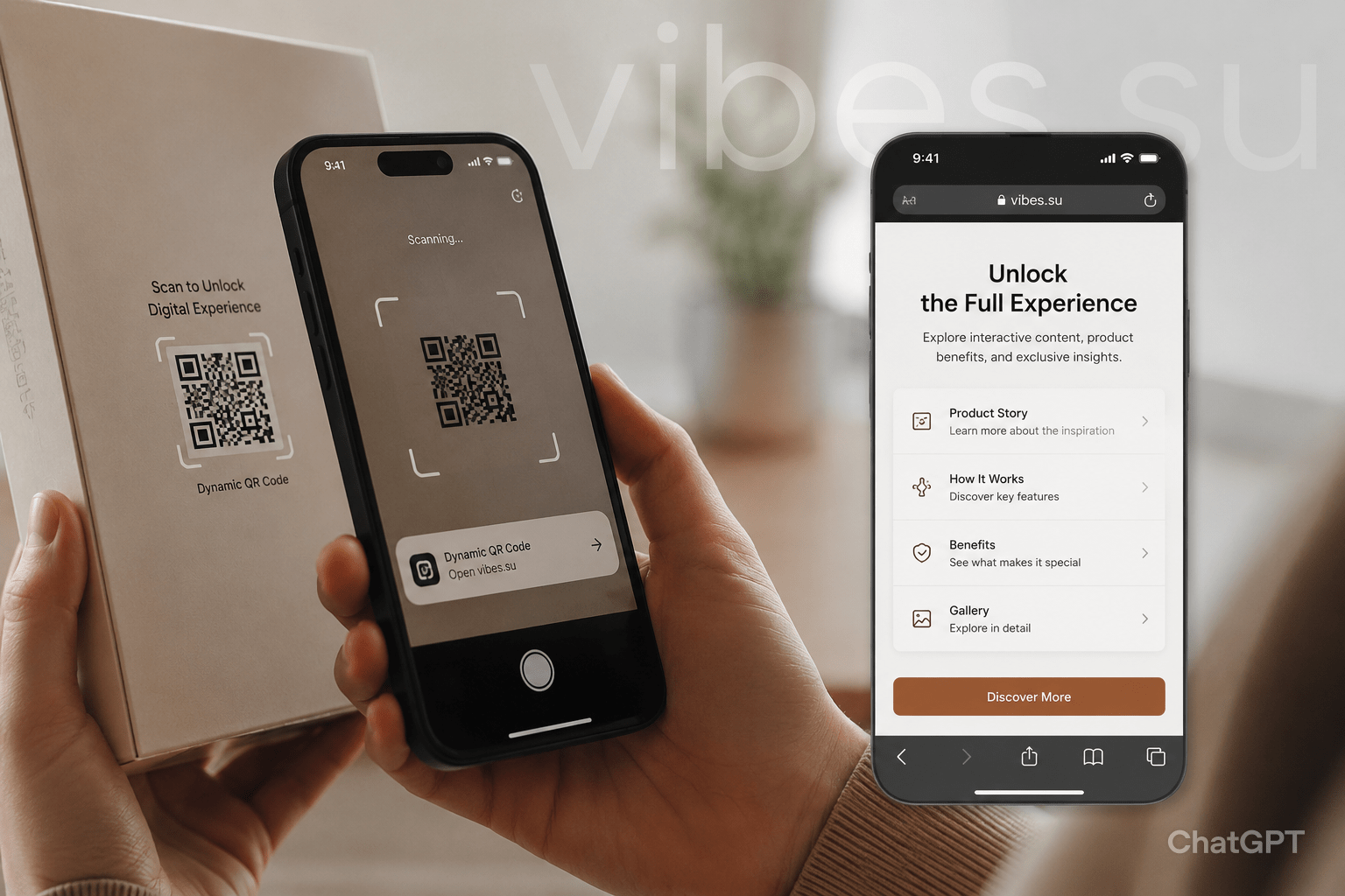 Smartphone scanning a dynamic QR code on a physical product that triggers an interactive Vibes landing page