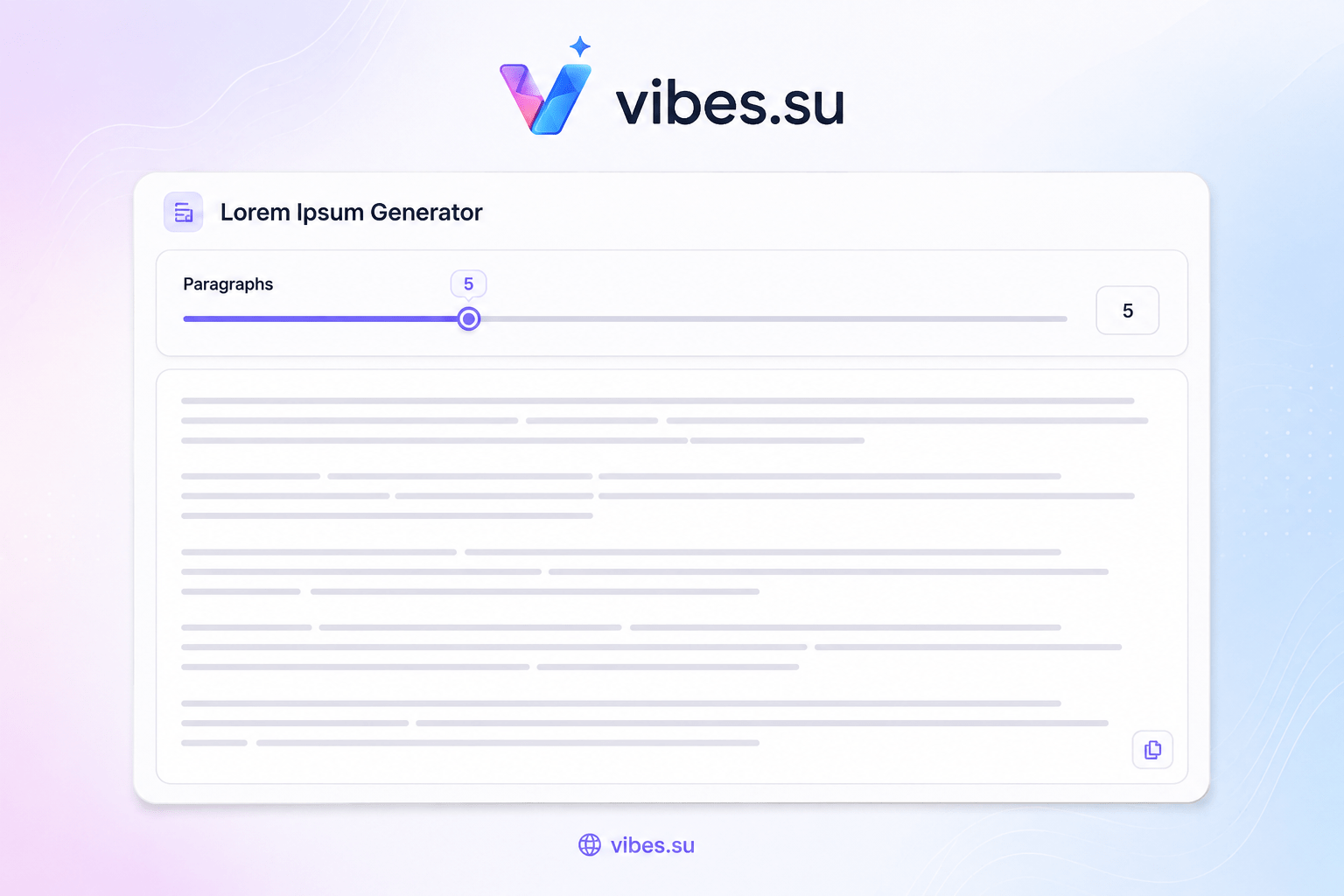 Окно генератора Lorem Ipsum с ползунком количества абзацев и полем вывода сгенерированного текста-заполнителя на латинице