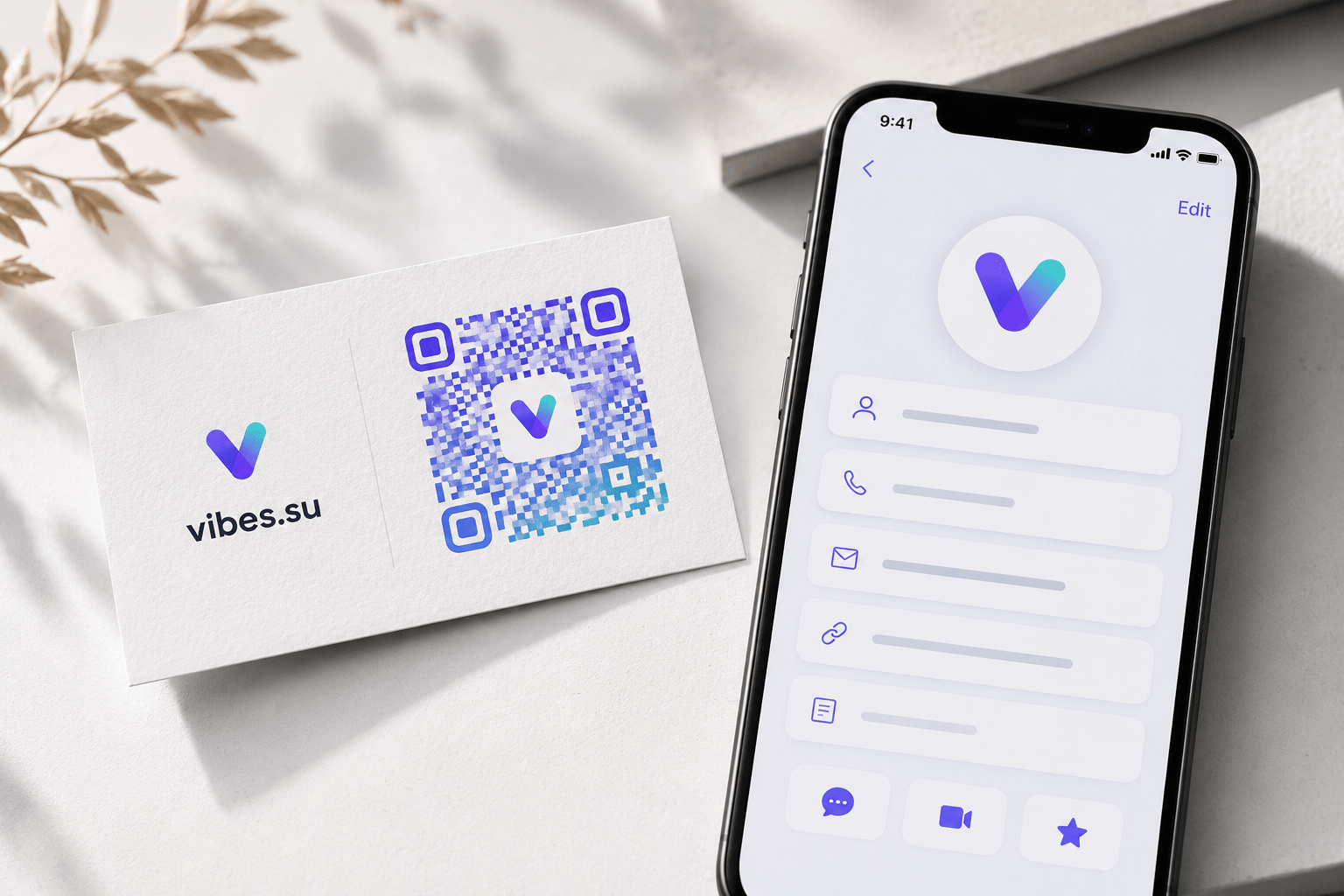 Бумажная визитка с цветным QR-кодом и логотипом в центре, рядом смартфон с открытым сохранённым контактом